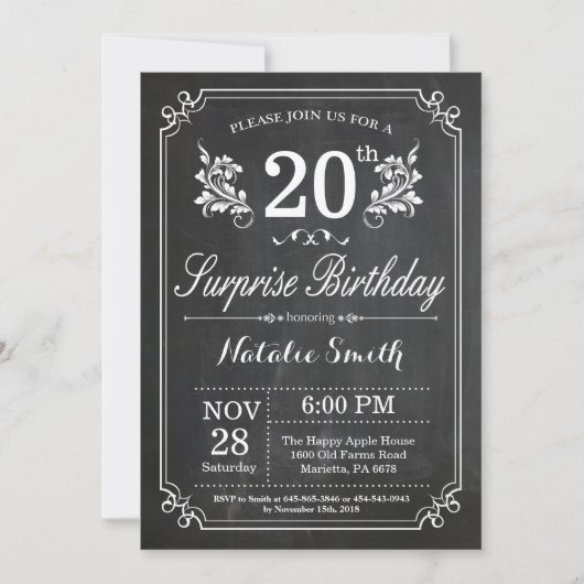 Invitation de surprise d'anniversaire de 20 ans su (Devant)