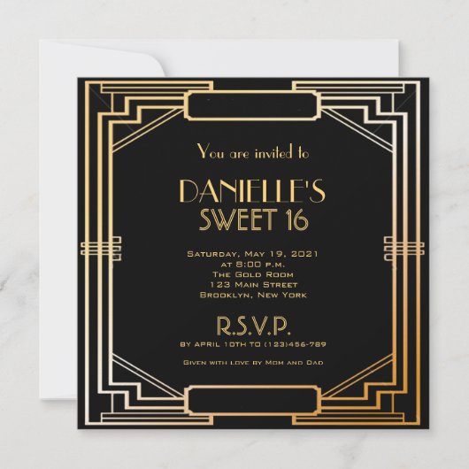 Invitation de Sweet 16 inspirée de Gatsby dans le  (Devant)