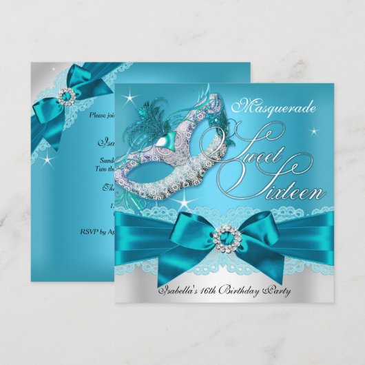 Invitation de Sweet sixteen de mascarade Turquoise (Devant / Derrière)