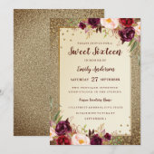Invitation de Sweet sixteen d'or Sparkle à fleurs  (Devant / Derrière)