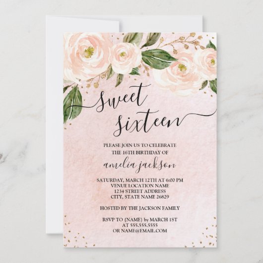 Invitation de Sweet sixteen Floral Rose rose (Devant)