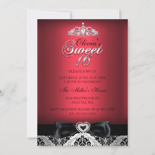 Invitation de Sweet sixteen rouge Damask & Bow (Devant)