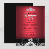 Invitation de Sweet sixteen rouge Damask & Bow (Devant / Derrière)