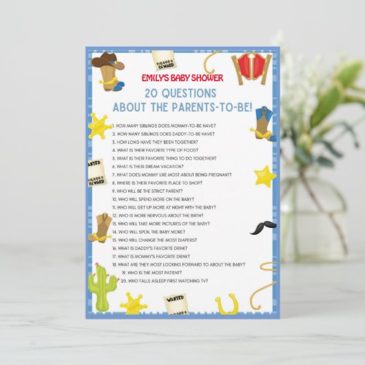 Invitation de taille de jeu de Baby shower Cowboy (Debout devant)