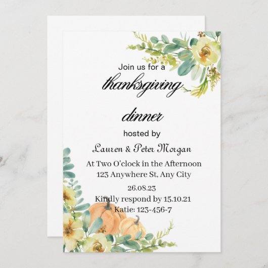 Invitation de Tanksgiving (Devant / Derrière)