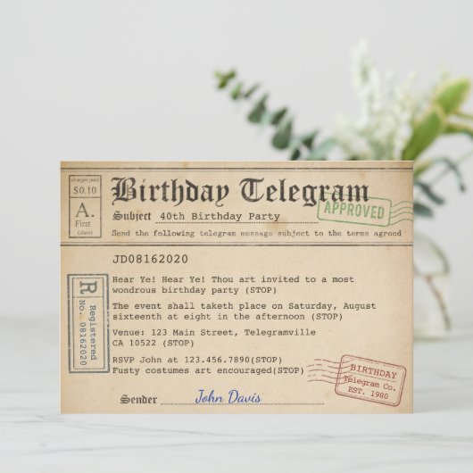 Invitation de télégramme d'anniversaire (Debout devant)