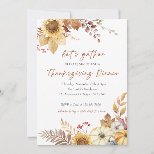 Invitation de Thanksgiving aquarelle orange et bei (Devant)