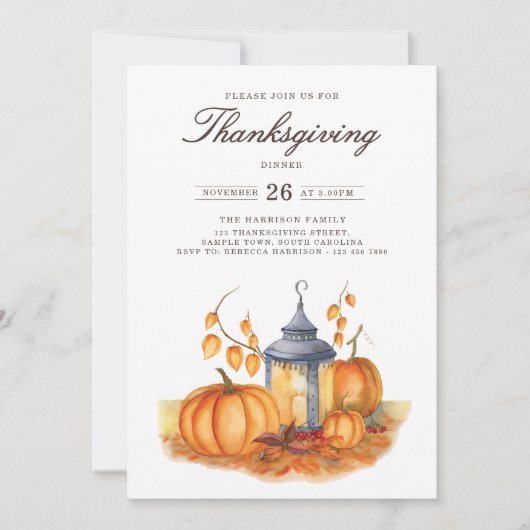 Invitation de Thanksgiving rustique avec citrouill (Devant)