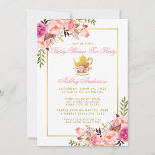 Invitation de thé Baby shower rose Floral or
