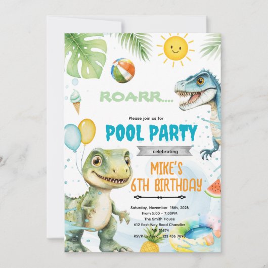 Invitation de thème de piscine de dinosaure mignon (Devant)