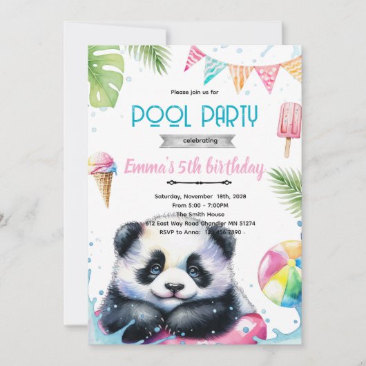 Invitation de thème de piscine de panda mignon (Devant)