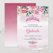 Invitation de Tiara Quinceanera, princesse rose él (Devant / Derrière)
