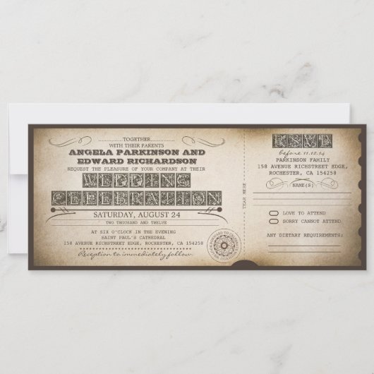 Invitation de ticket vintage mariage avec concepti (Devant)
