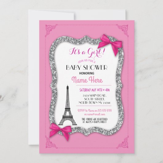 Invitation de Tour Eiffel de rose de fille de baby (Devant)