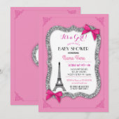 Invitation de Tour Eiffel de rose de fille de baby (Devant / Derrière)