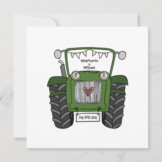 Invitation de tracteur vert Mariage campagnard per (Devant)
