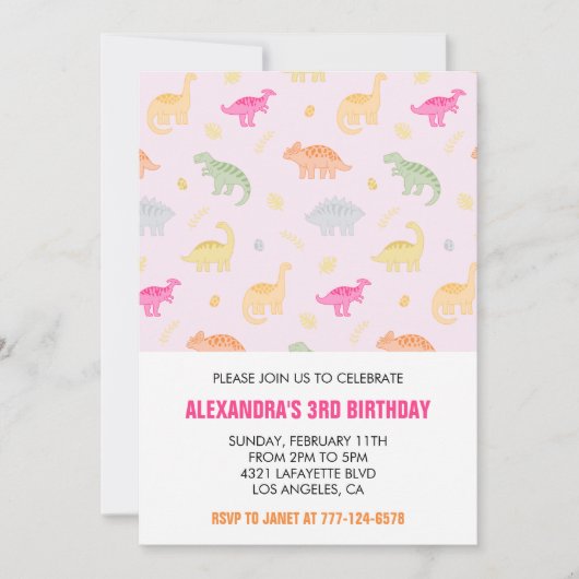 Invitation de trois rex anniversaire coloré rose (Devant)