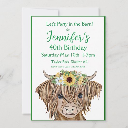 Invitation de vache Highland, Sunflowers Cow Anniv (Devant)