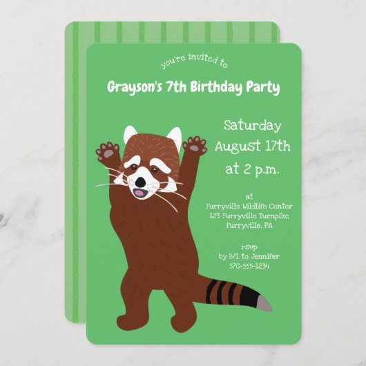 Invitation Debout Rouge Panda Cute Green Custom Party (Devant / Derrière)