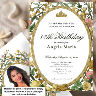 Invitation Début de 18 ans élégant en or jaune et floral