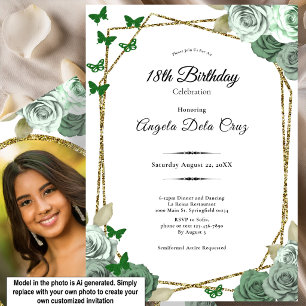 Invitation Début élégant de 18 ans avec rose verte et or