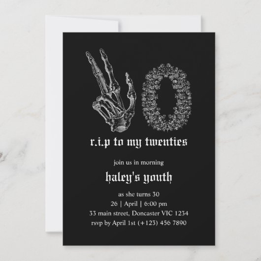 Invitation Décès à ma jeunesse Squelette funérailles 30e anni (Devant)