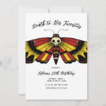 Invitation Décès jusqu'aux années 20 Anniversaire Moth et con<br><div class="desc">Dites adieu à vos 20 ans dans le style avec cette invitation à l'anniversaire de la mort à 20 ans avec un frappant noir, jaune, rouge papillon et crâne. Personnalisez et customisez cette invitation pour en faire la vôtre. D'autres articles de fête et décorations sont disponibles sur Metro-Event.com et Metro-Events...</div>