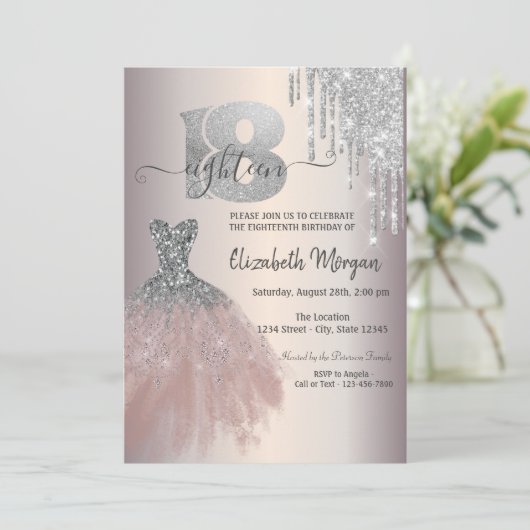 Invitation Déchets d'argent Parties scintillant robe chic 18e (Debout devant)