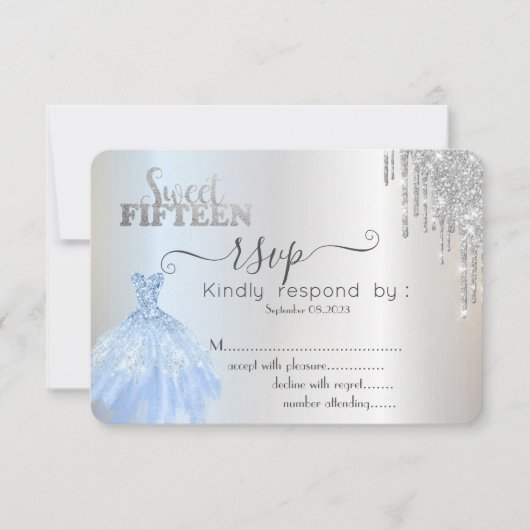 Invitation Déchets d'argent Robe bleue Sweet 15 RSVP Invitati (Devant)