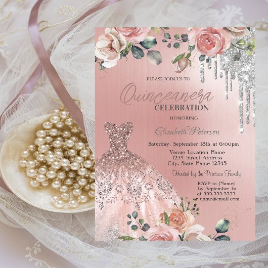 Invitation Déchets d'argent, Robe, Quinceanera rose Rose