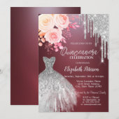 Invitation Déchets d'argent, Robe Rose Bourgogne Quinceanera (Devant / Derrière)