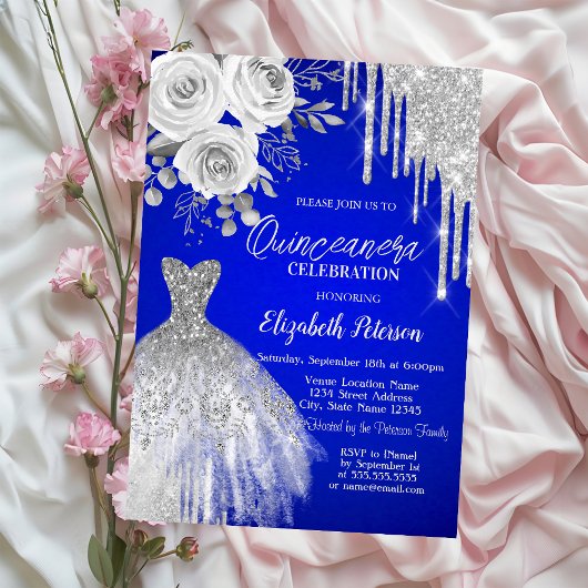 Invitation Déchets d'argent, Robe Rose Royal Blue Quinceanera