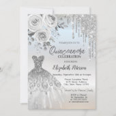 Invitation Déchets d'argent, Roses de robe Silver Quinceanera (Devant)