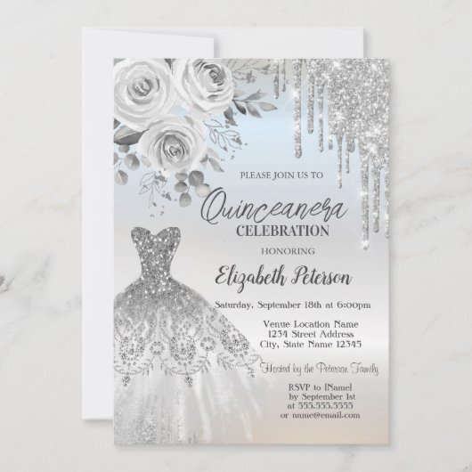 Invitation Déchets d'argent, Roses de robe Silver Quinceanera (Devant)
