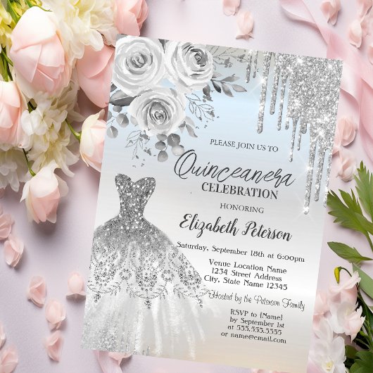 Invitation Déchets d'argent, Roses de robe Silver Quinceanera