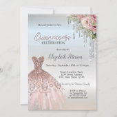 Invitation Déchets d'argent, Roses de robe Silver Quinceanera (Devant)