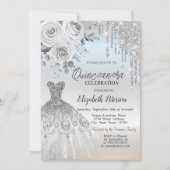 Invitation Déchets d'argent, Roses de robe Silver Quinceanera (Devant)