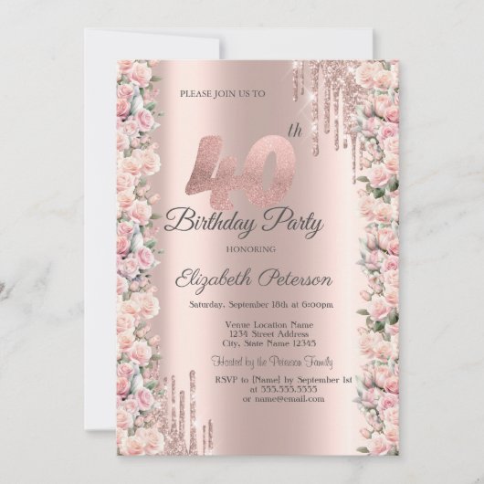 Invitation Déchets de cadres rose Rose Gold 40e anniversaire (Devant)