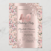 Invitation Déchets de cadres rose Rose Gold 40e anniversaire (Devant / Derrière)
