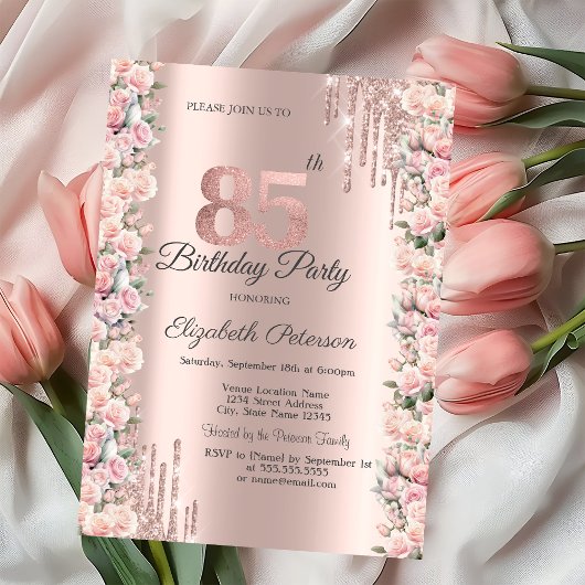 Invitation Déchets de cadres rose Rose Gold 85e anniversaire
