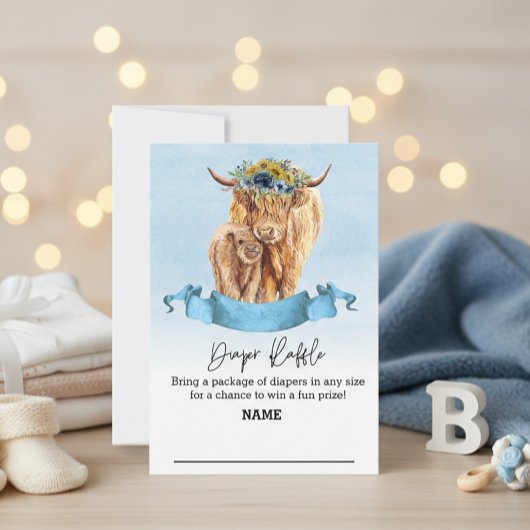 Invitation Déchets Raffle Blue boy Highland Cow Baby shower