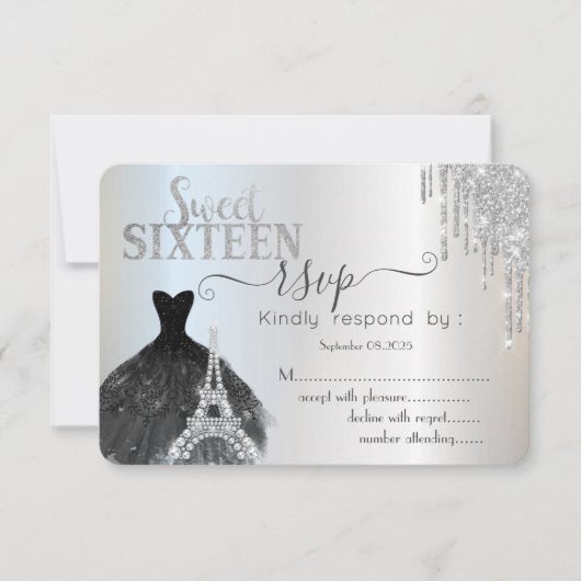 Invitation Déchets Robe Noire Tour Eiffel Sweet 16 RSVP (Devant)