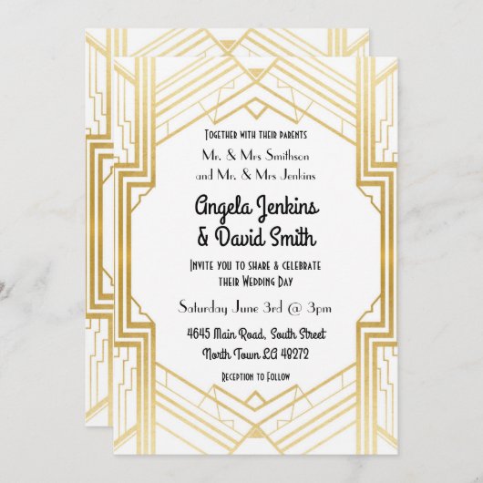 Invitation Déco Art déco blanc et or des années 1920 (Devant / Derrière)