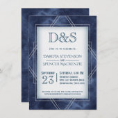 Invitation Déco Art Déco Bleu Géométrique | Mariage Monogramm (Devant / Derrière)