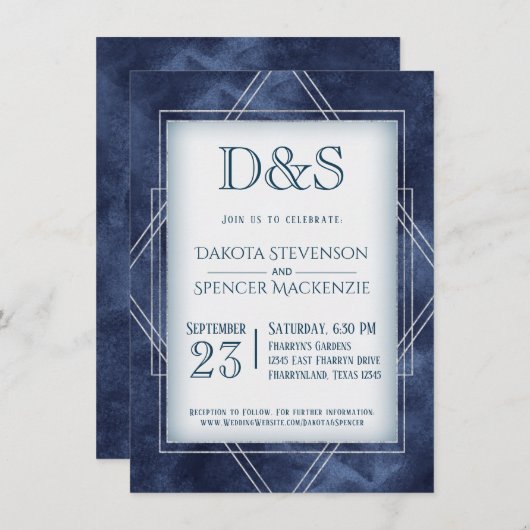 Invitation Déco Art Déco Bleu Géométrique | Mariage Monogramm (Devant / Derrière)