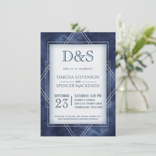 Invitation Déco Art Déco Bleu Géométrique | Mariage Monogramm (Debout devant)