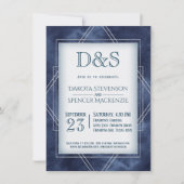 Invitation Déco Art Déco Bleu Géométrique | Mariage Monogramm (Devant)