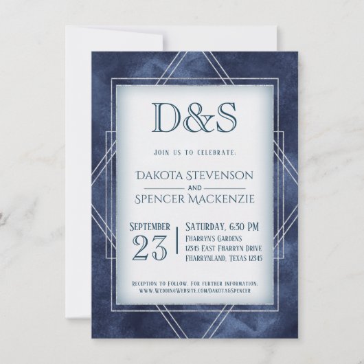 Invitation Déco Art Déco Bleu Géométrique | Mariage Monogramm (Devant)