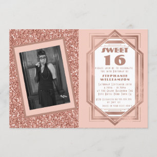 Invitation Déco Art Doux 16 Rose Or Paillettes Gatsby Photo