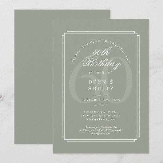 Invitation Déco Classique | 60e Anniversaire Sage et Blanc (Devant / Derrière)